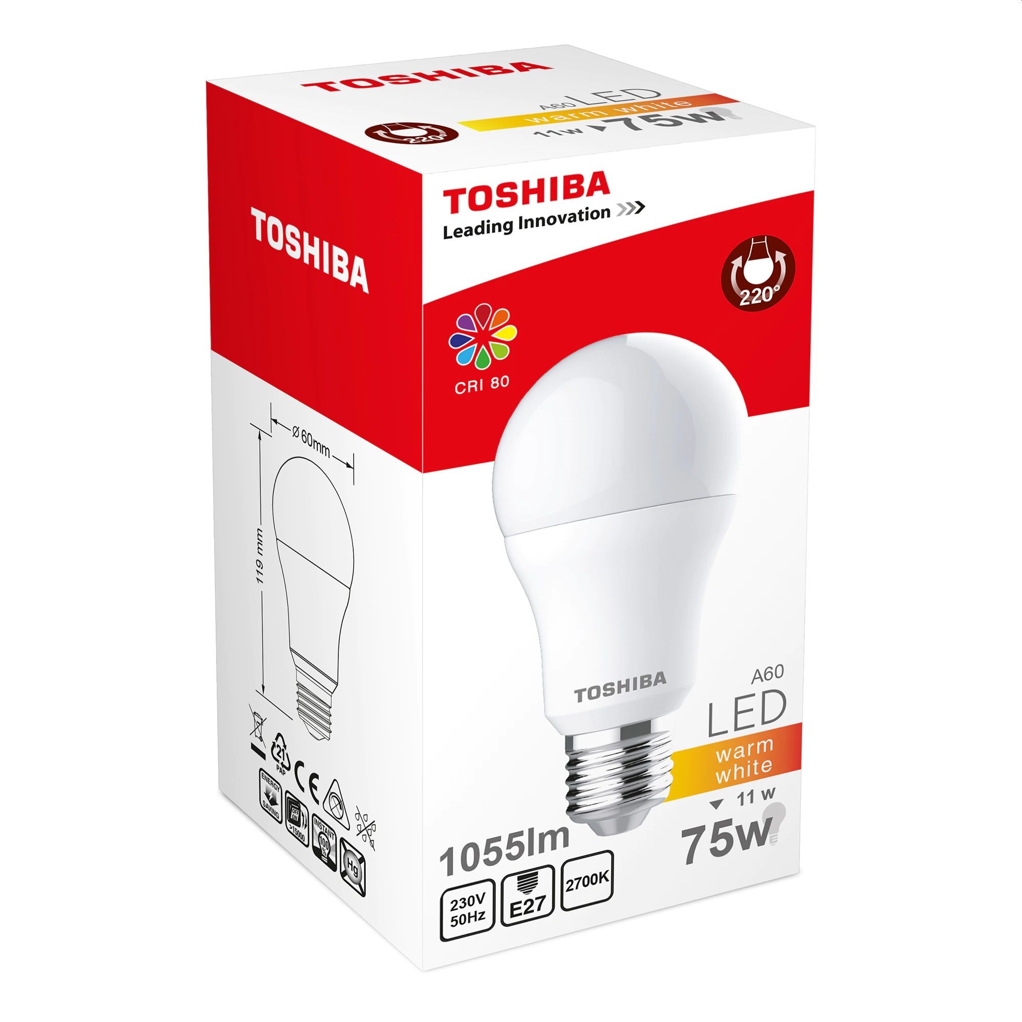 Bec LED A60, E27, putere 11W, lumina alb cald, Toshiba - imagine 3